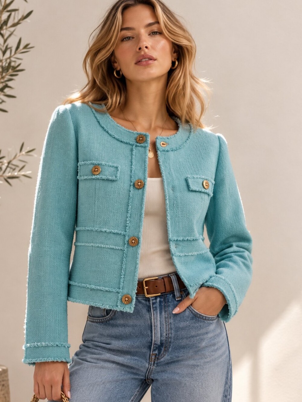 Lilly Pulitzer Women Tweed Blue Pockets Cropped Jacket Gold Buttons NWT Size M